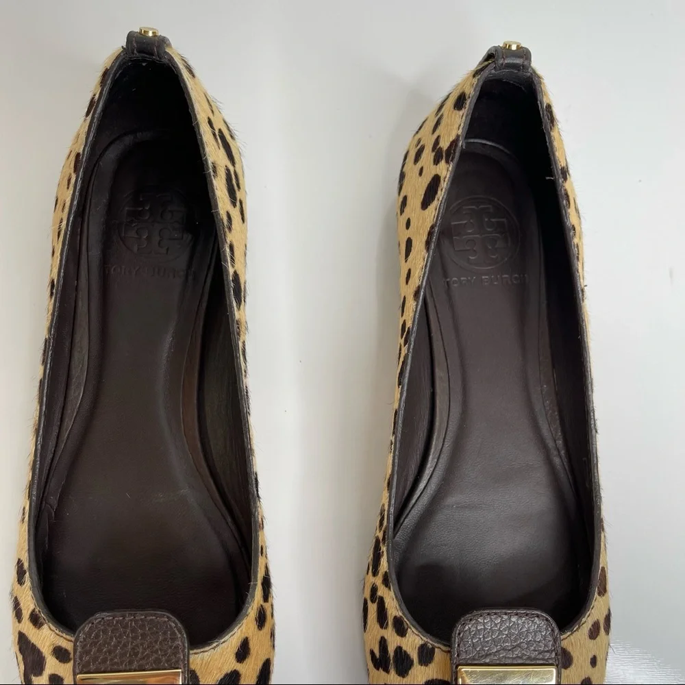 Tory Burch Priscilla Ballet Hair Calf Tumbled Leather Flat Cheetah Coconut Sz 8